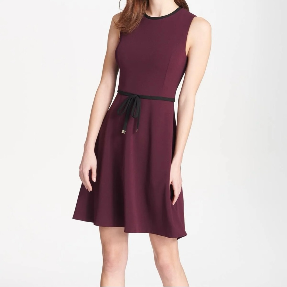 Tommy Hilfiger Women’s Sz 2 Tie Waist Sleeveless Scuba Dress Fitted & Flowy Plum